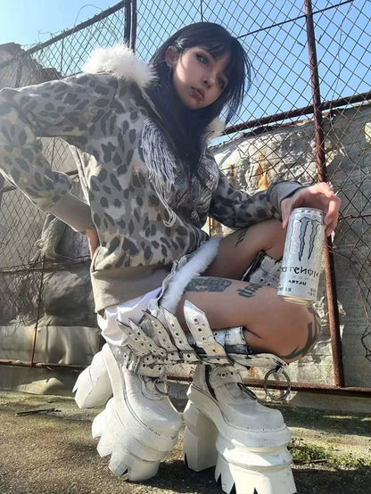 Y2K Leopard Fur Collar Cropped Hoodie Top