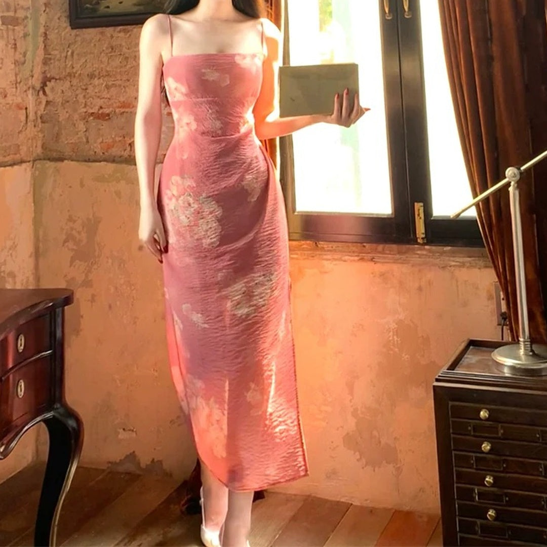 Modern Chinese Floral Texture Spaghetti Strap Gown Dress – Summer National Style Dress