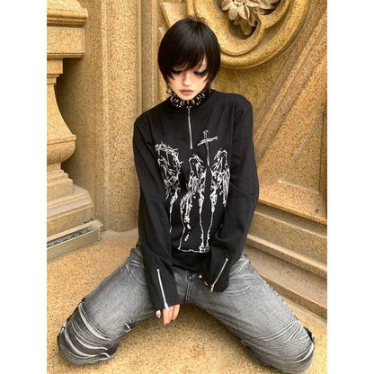 Y2K Black Henley Cross Print Tee