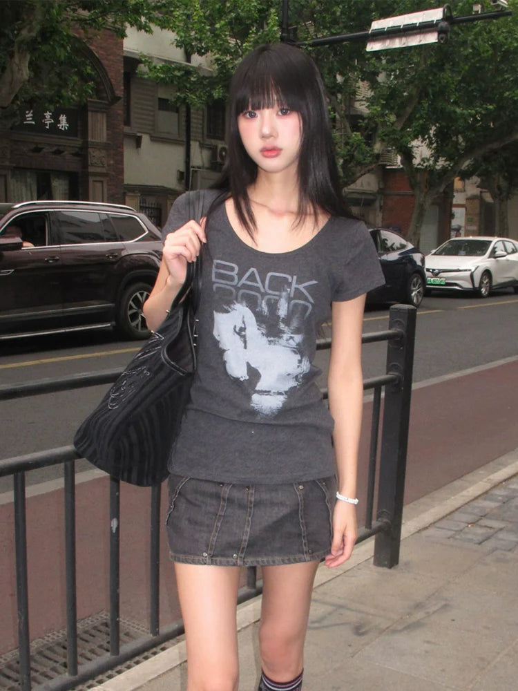 Y2K Vintage Large Neck Tee Fitted Crop Short Sleeve Top