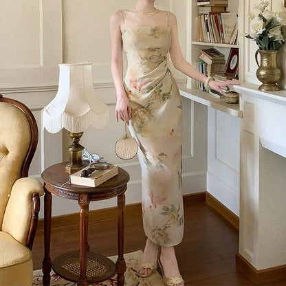 Ink Wash Halter Slit Cheongsam Gown Dress