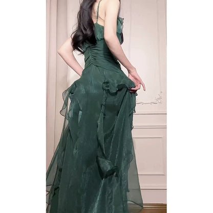 Green Design Patchwork Ruffle Spaghetti Strap Gown Dress