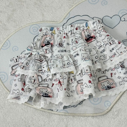 Zip & Cat Print Puff Cake Skirt Subculture Y2K E-girl Anime Cute High-Waisted A-line Fluffy Skirt