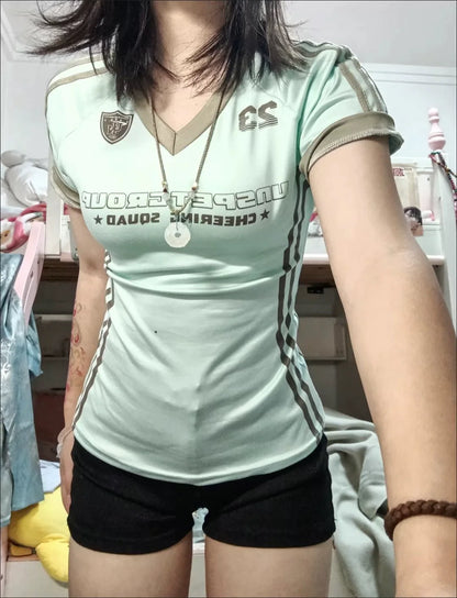 Sport Color Block V-Neck Slim Fit Short Sleeve Y2K T-Shirt