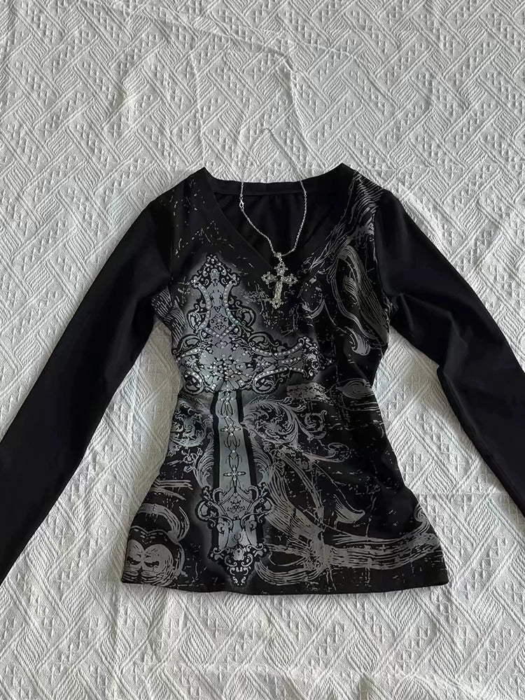 Black Tie-Dye V-Neck Long Sleeve Tee Y2K Top