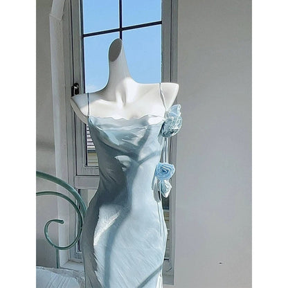 Moonlight Flower Elegant Double Layer Slit Spaghetti Strap Gown Dress