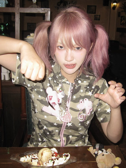 Y2K Camouflage Teddy Bear Hoodie Tee  Cropped Patch Embroidery Short Sleeve Top