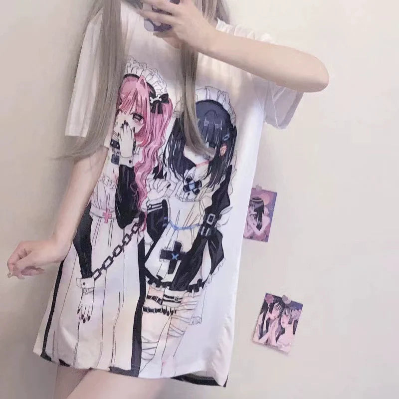 White Japanese Anime E-Sports Girl Print Niche Design Oversized Y2K T-Shirt