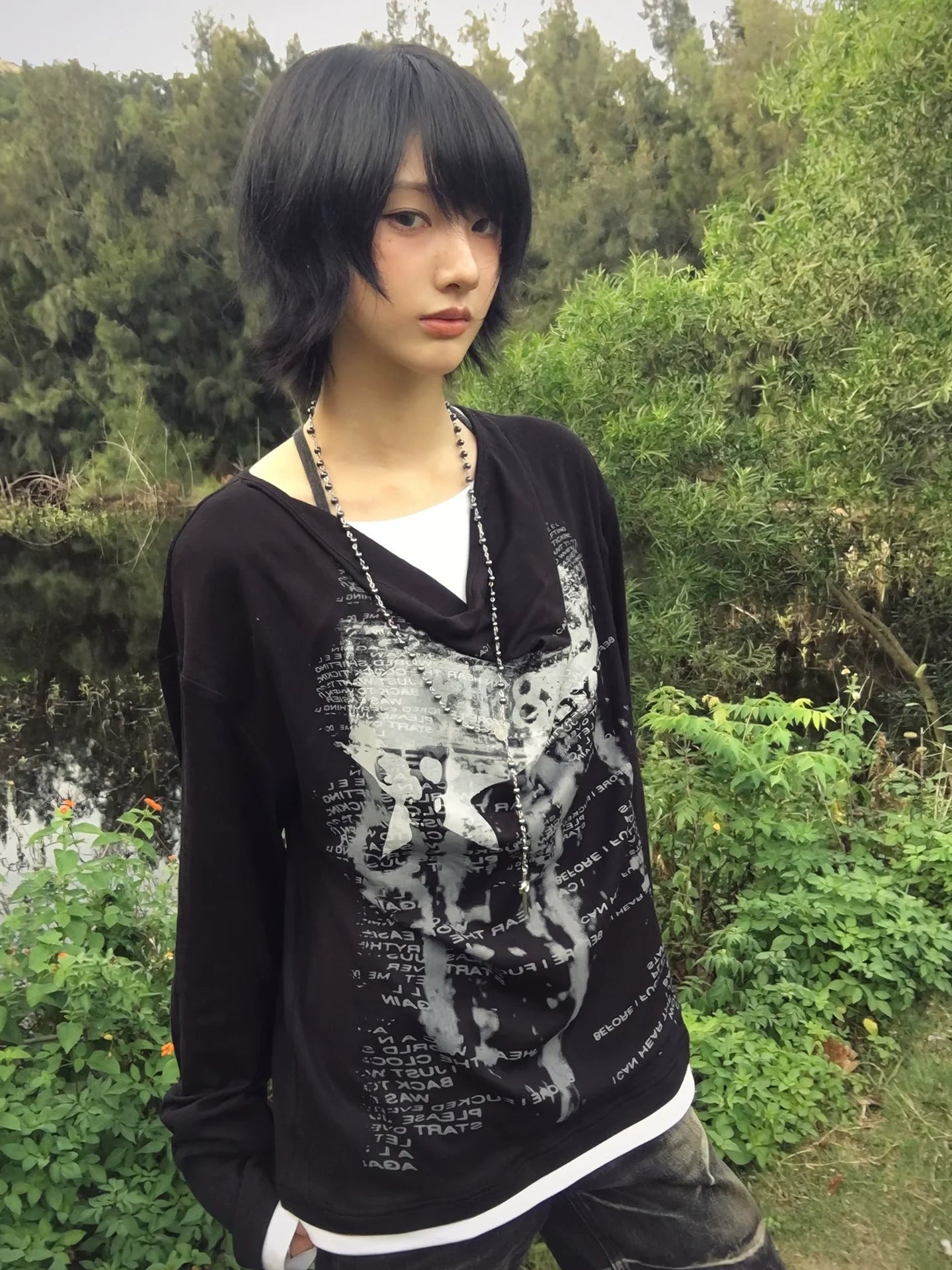 Layered Drape Neck Long Sleeve T Shirt Y2K Visual Kei Punk Top