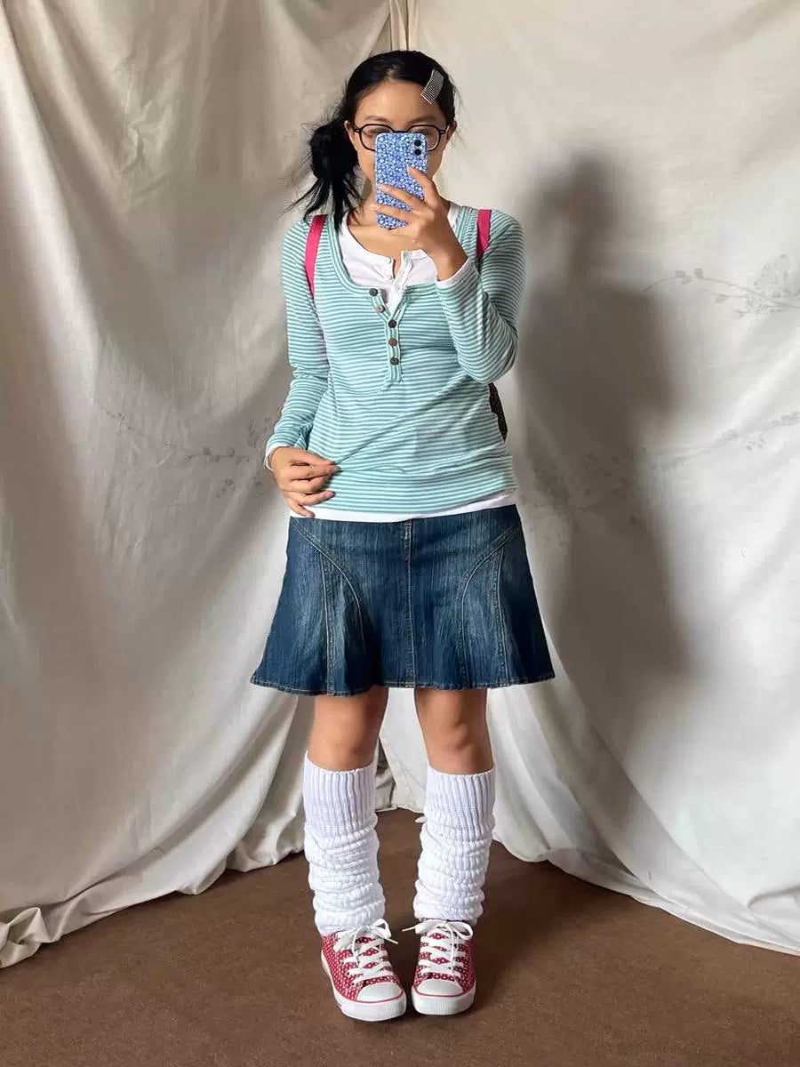 Green Striped Fake Two-Piece Subculture Y2K E-girl Vintage Japanese Retro Long Sleeve Top