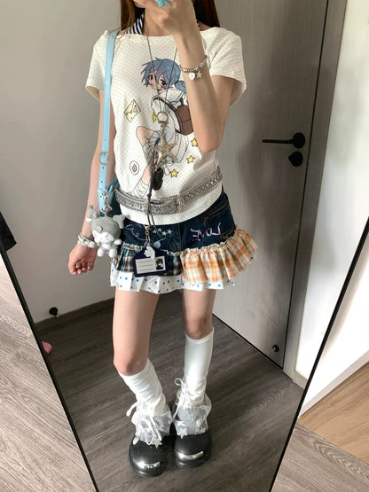 Y2K Polka Dot Halter Layered Tee Otaku Subculture Double-Layer Top