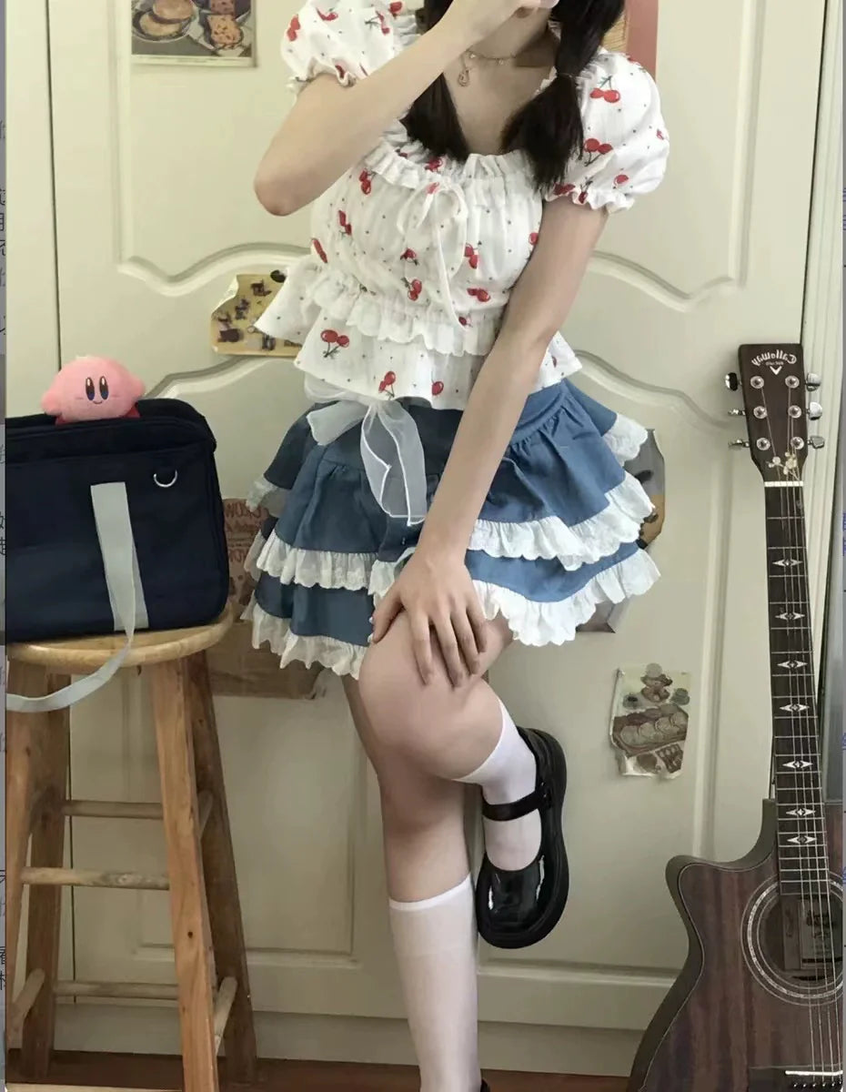 Lace-Trimmed Puff Cake Skirt Subculture Y2K E-girl High-Waisted Short Slimming Fluffy Skirt (Summer)