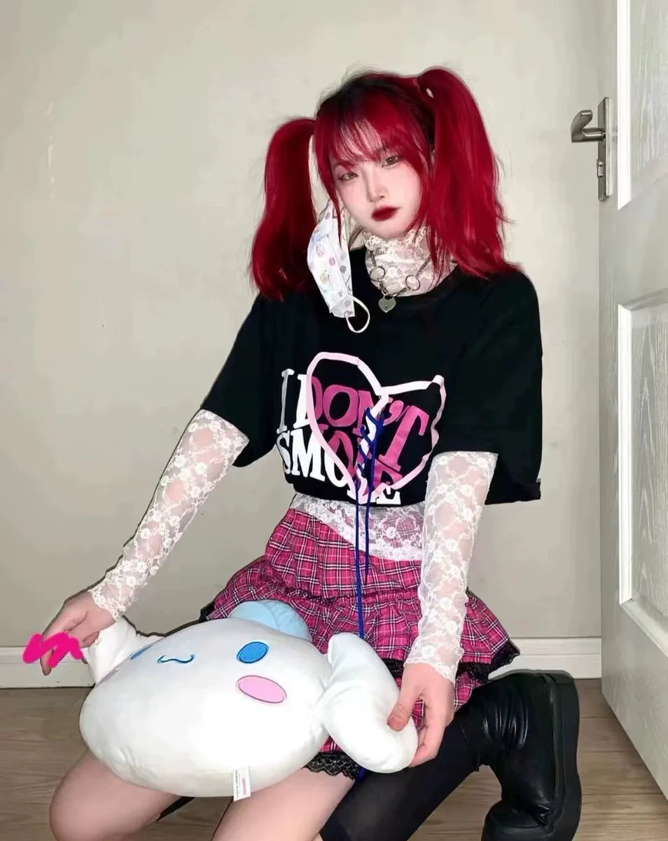 Magenta Plaid Lace Cake Skirt Subculture Y2K E-girl Niche Design High-Waisted Fluffy Skirt