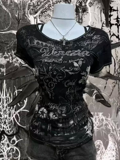 Black Rock Punk American Vintage Rhinestone Y2K T-Shirt