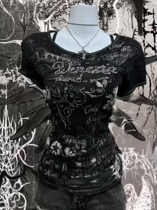 Black Rock Punk American Vintage Rhinestone Y2K T-Shirt