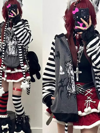 Black & Gray Demon Hoodie Jacket [Spring-Autumn] Subculture Punk Y2K E-girl Cat-Ear Stripe Demon-Print Oversized Zipper Jacket