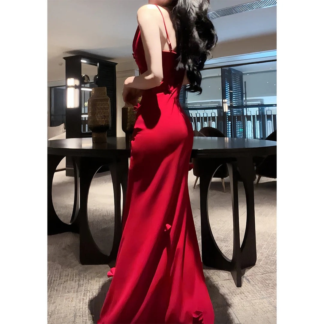 French Draped Spaghetti Strap Beach Resort Gown Dress – Waist-Fitted Dress