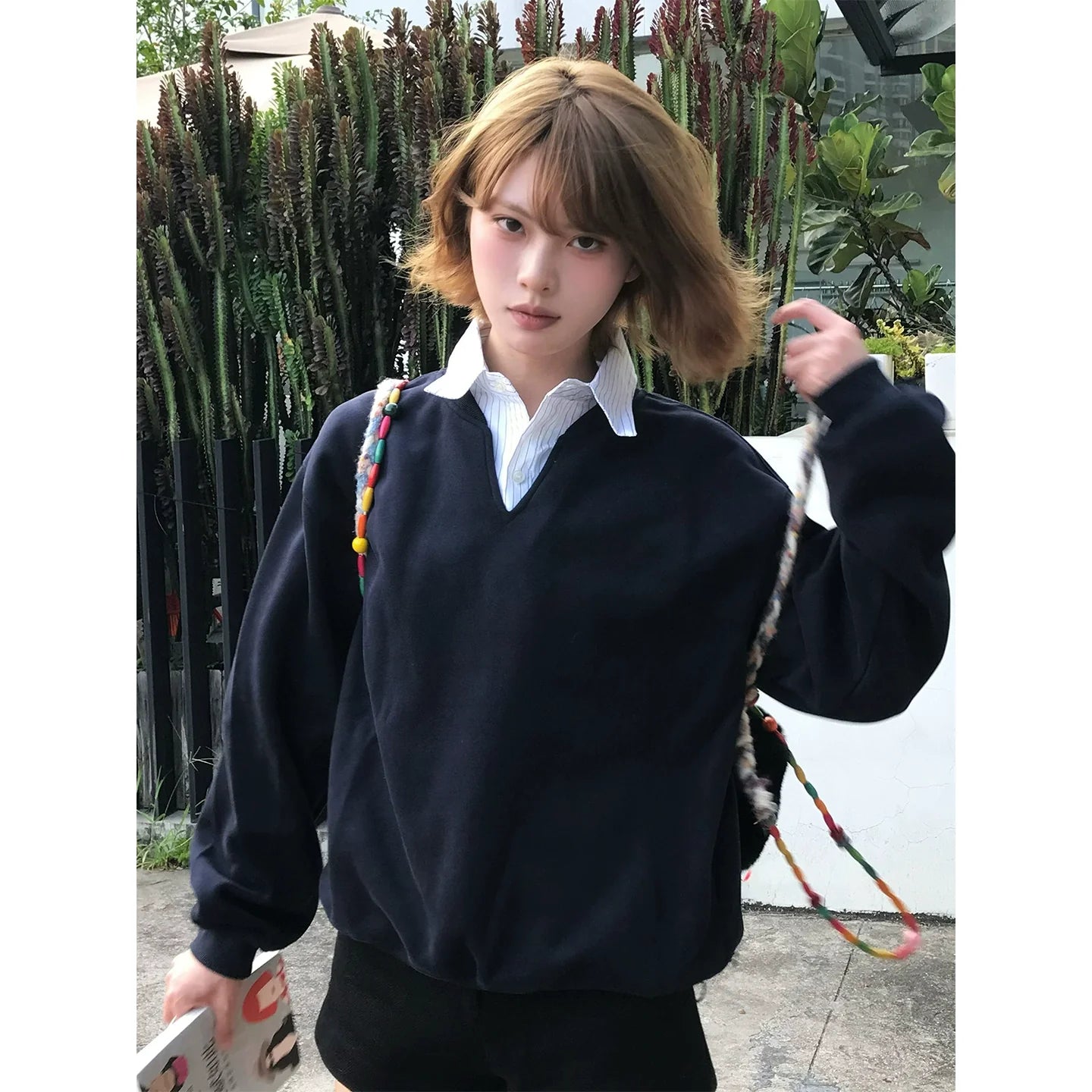 Faux-Layered V-Neck Sweatshirt Smart Academic Stripe Polo Top