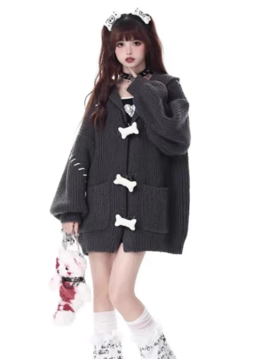 Dark Gray Y2K Retro Bone Print Hooded Sweater