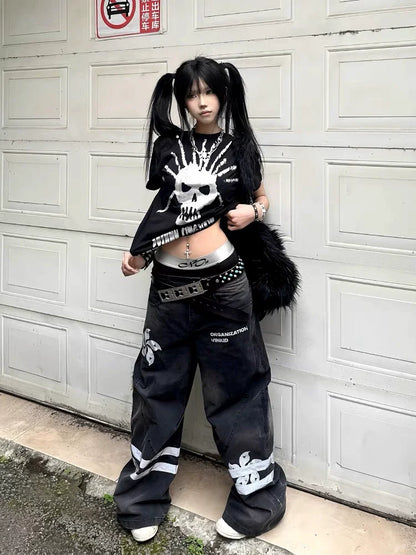 Black Rock Punk Skull & Letter Print Y2K T-Shirt