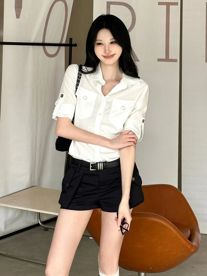 Elegant White Short Sleeve Shirt Summer Commuter Sun-Proof Blouse