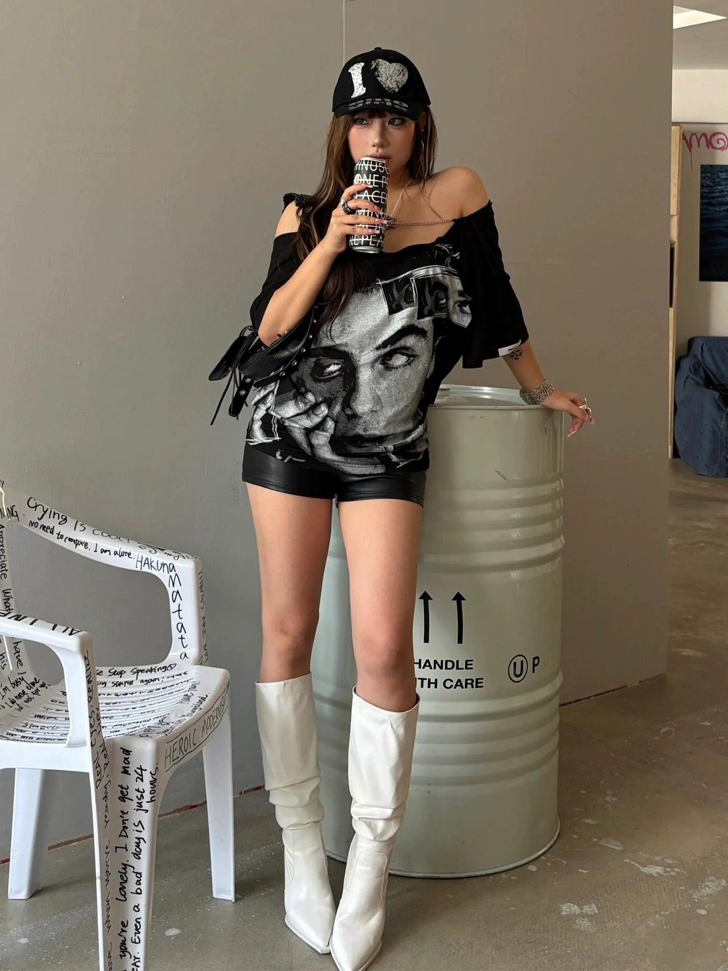 Punk Asymmetric Chain Back Tee Y2K Subculture Off-Shoulder Short Sleeve Top