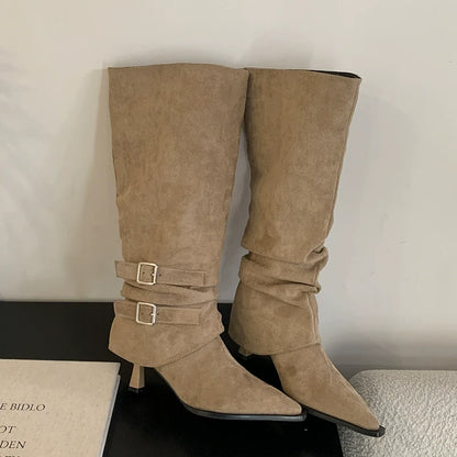 Suede Pointed Toe Slouchy Womens Boots Fall Winter New Removable Two Way Thin Heel Knee High High Heel Ankle Boots