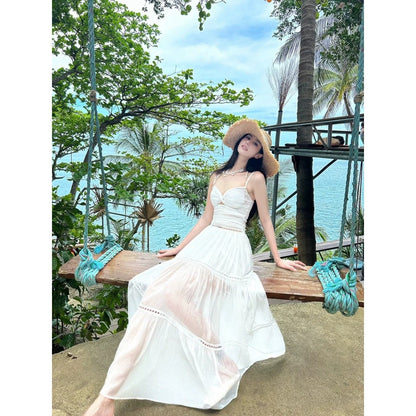 French White High-End Spaghetti Strap Resort Gown Dress