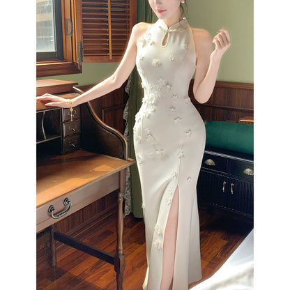 Chinese Floral Embroidery White Cheongsam Gown Dress