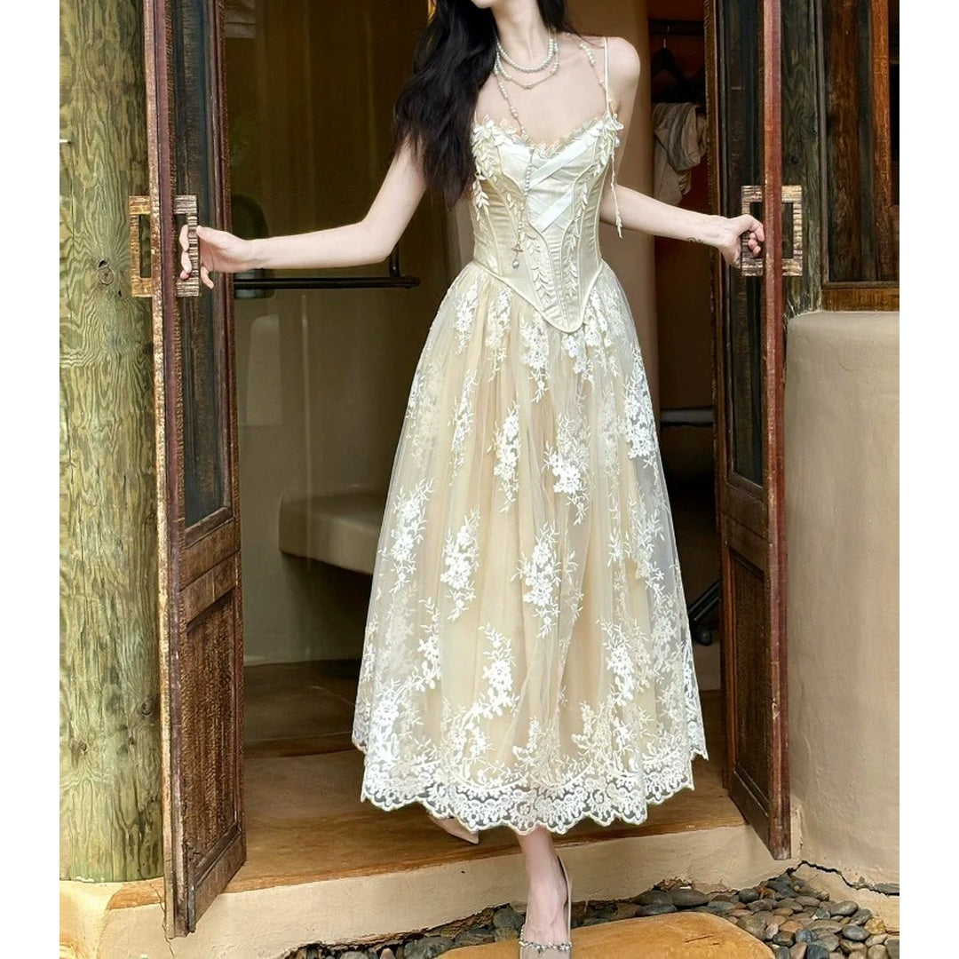 French Lace Embroidered Mesh Gown Dress