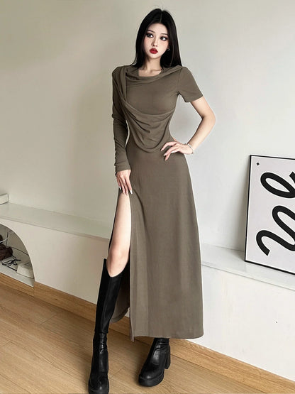 Retro Wasteland Style Hooded Ruched High-Slit Maxi Dress