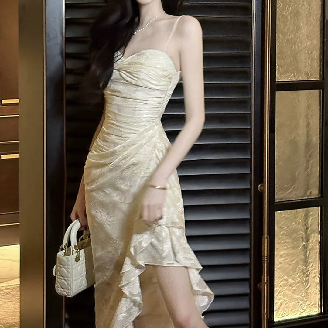 French Vintage Lace Bustier Ruffle Gown Dress