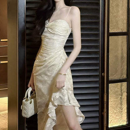 French Vintage Lace Bustier Ruffle Gown Dress