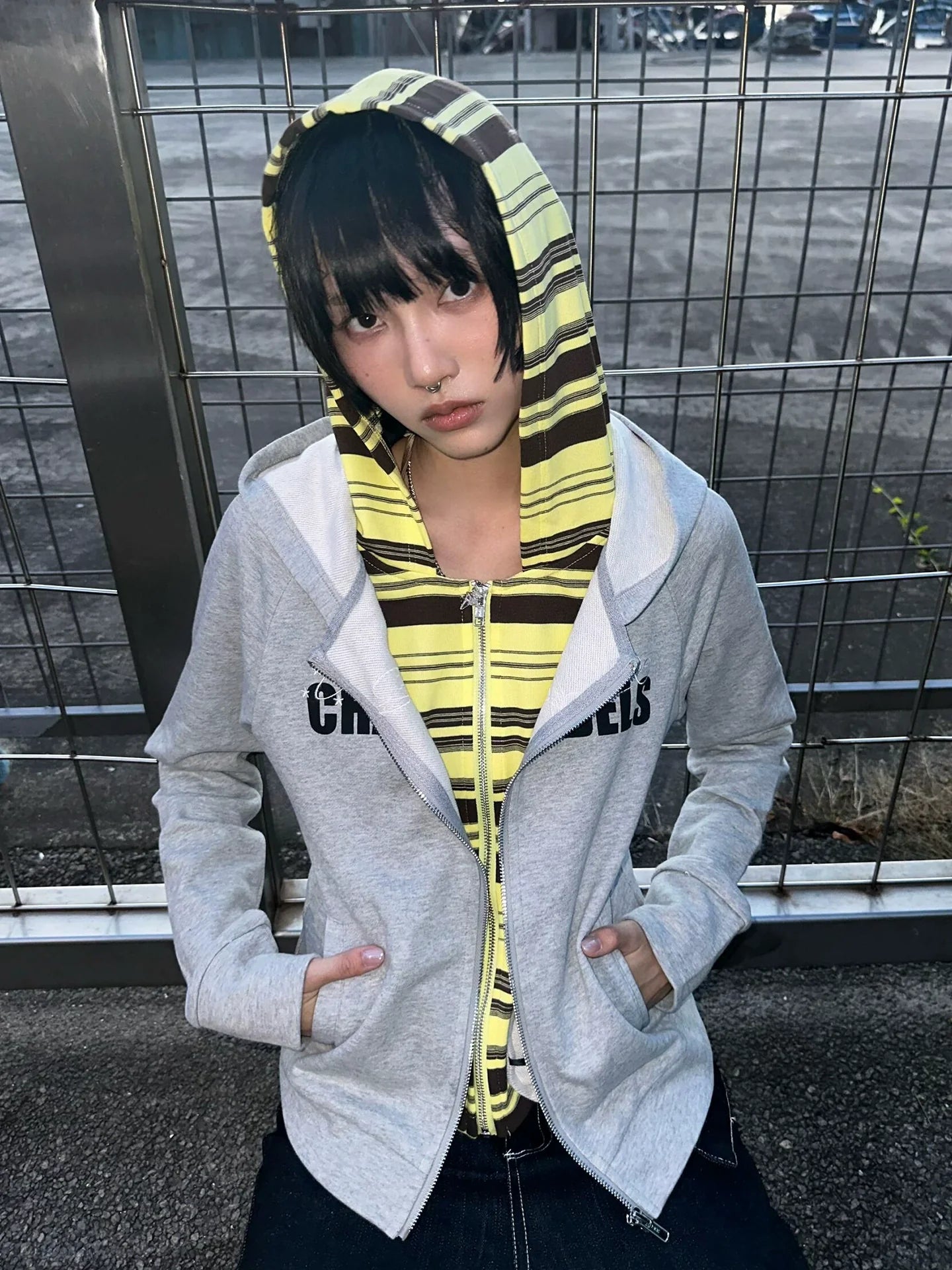 Colorblock Zip Up Hoodie Faux Layered Top Slim Fit