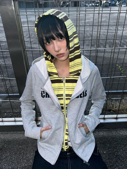 Colorblock Zip Up Hoodie Faux Layered Top Slim Fit