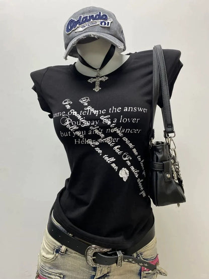 Black American Vintage Letter Print Y2K T-Shirt