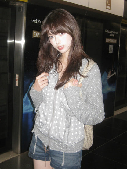 American Retro Polka Dot Hoodie Autumn Patchwork Zipper Pullover Bow Detail Top