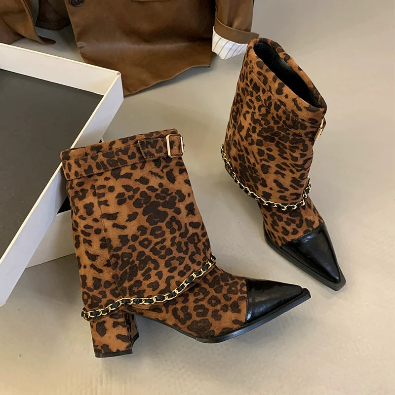 Minimalist Chic Color Block Chain Trouser Boots Women Fall Winter New Pointed Toe Chunky Heel Ankle Fashion Biker Boots