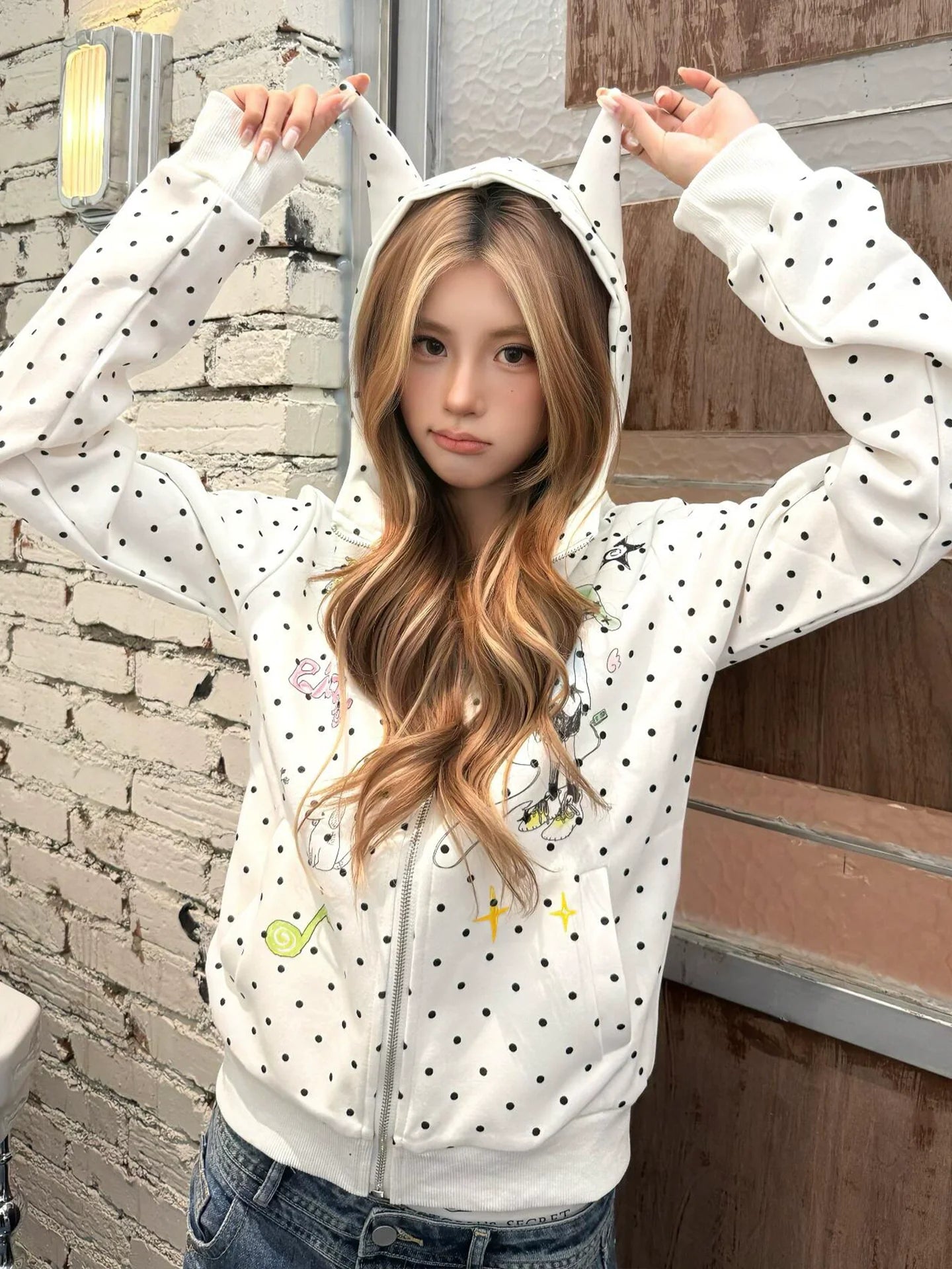 Light Y2K Devil Horn Hoodie Polka Dot Zip Top
