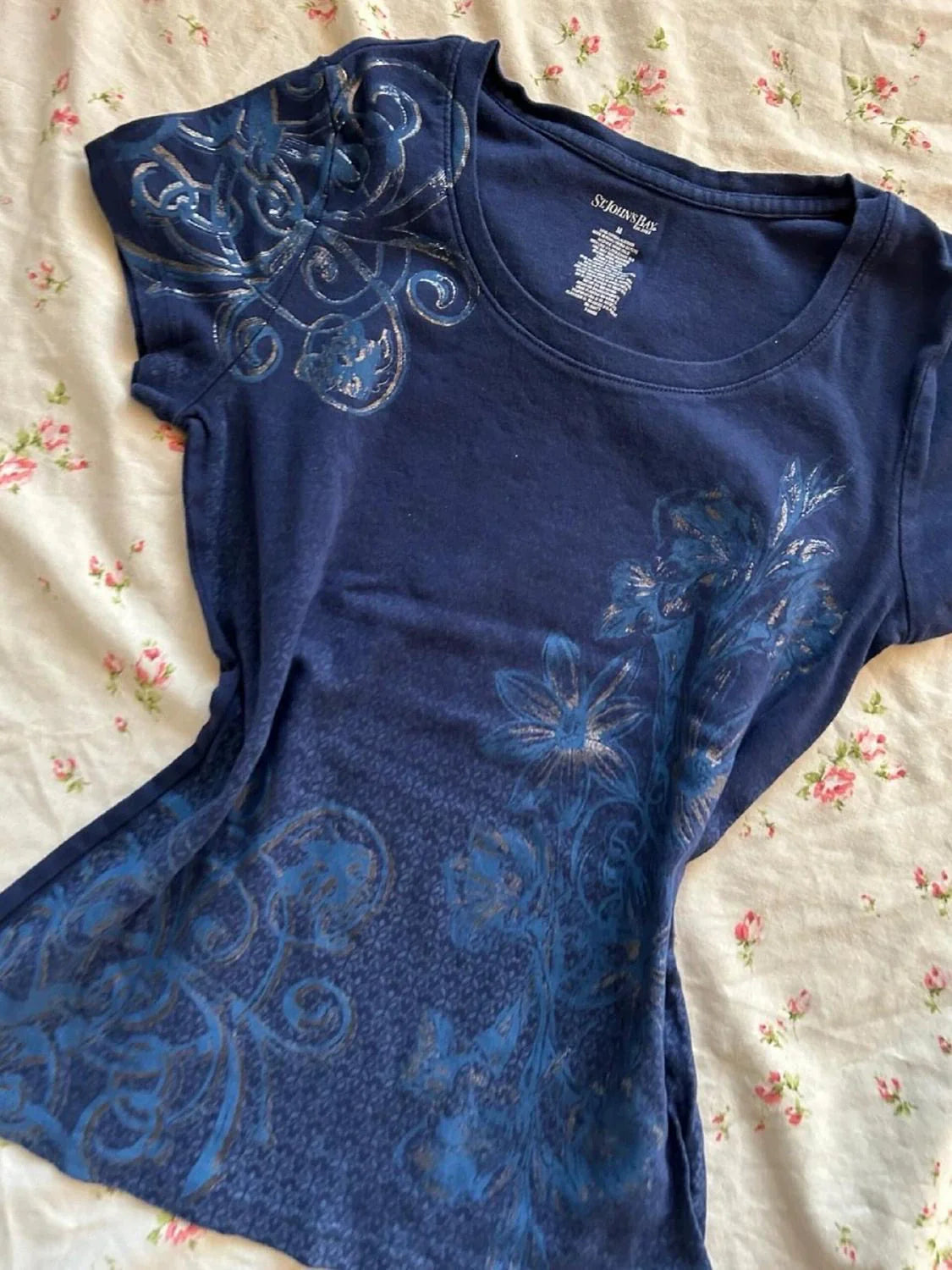 Navy Blue Subculture Y2K E-girl Abi American Retro Vintage Print Short Sleeve Top