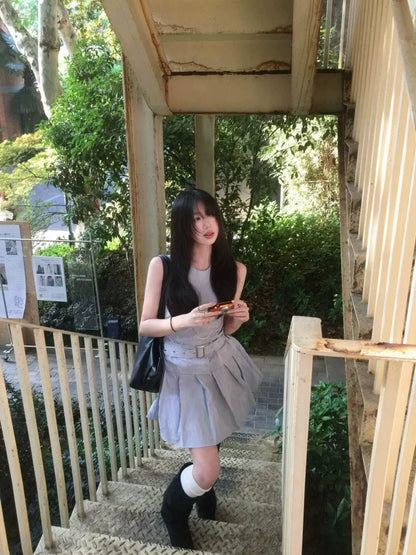 French Blue Sleeveless Tank Dress with Pleated Hem