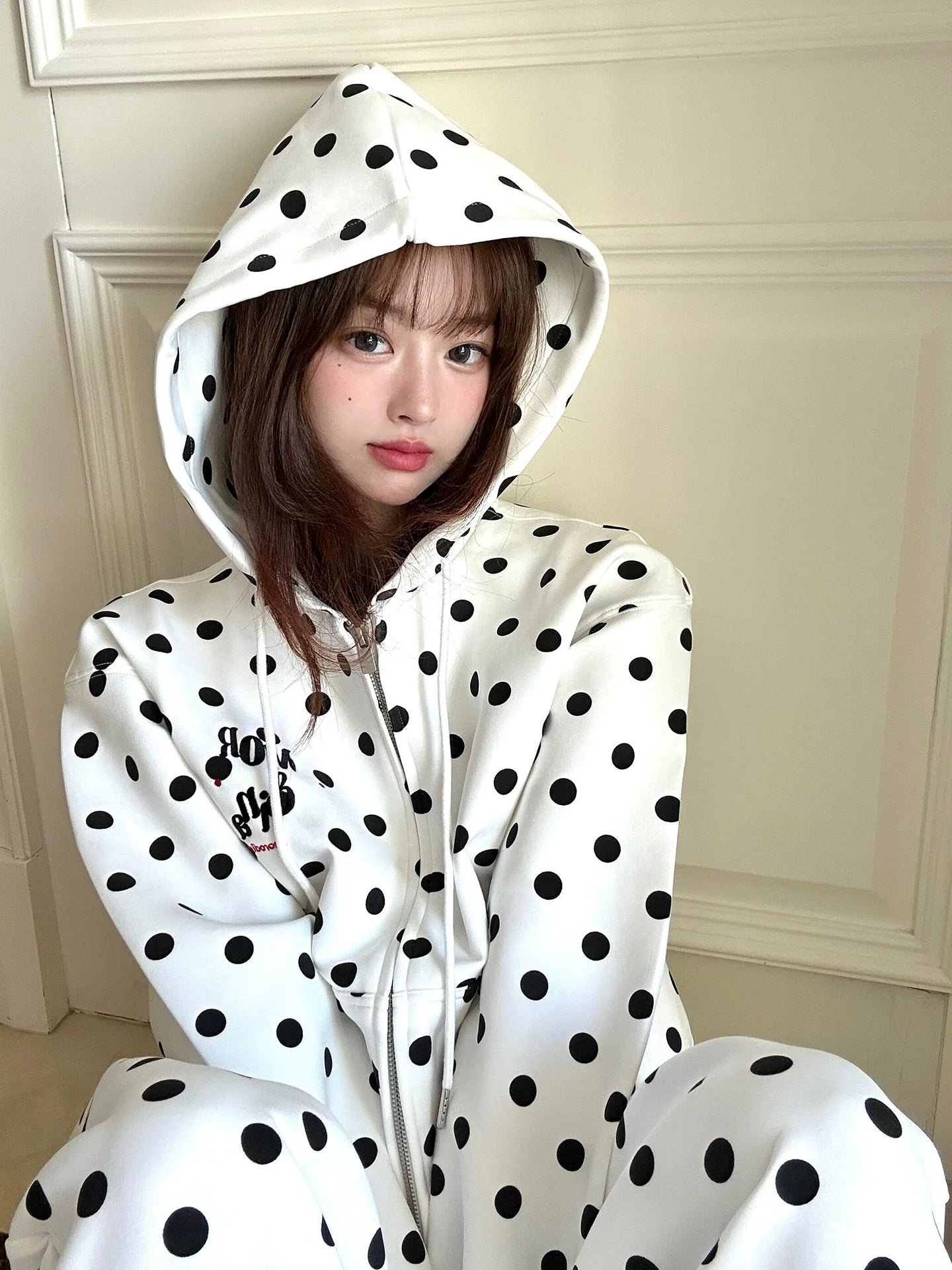 Retro Polka Dot Embroidered Hoodie