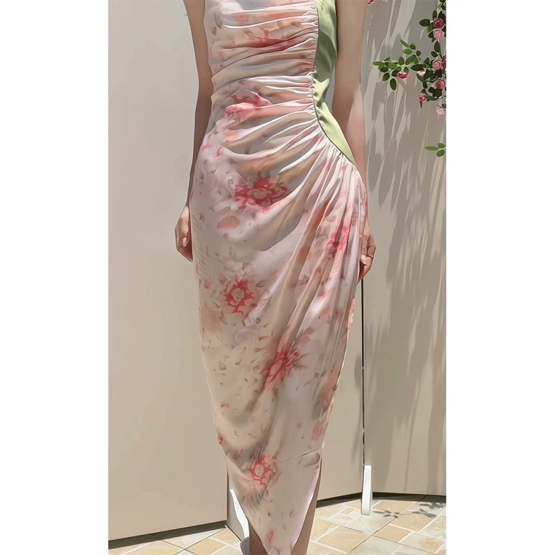 French Vintage Tea Party Green Floral Spaghetti Strap Gown – Summer Resort Dress