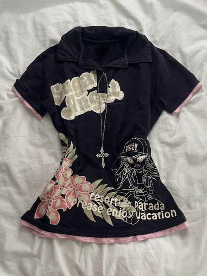 Black Pink Panel Polo Collar Print Y2K T-Shirt