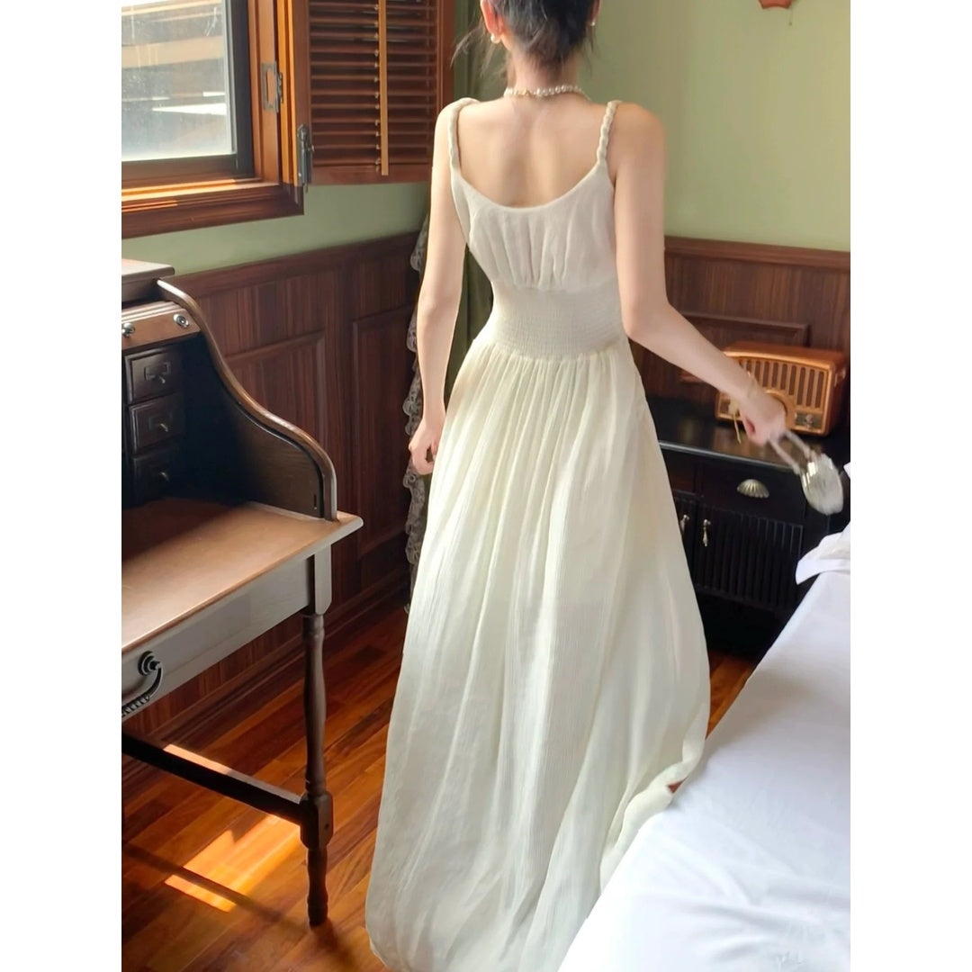 French White Spaghetti Strap Pleated Waist Gown Dress