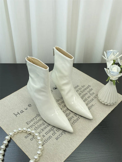 European Style Pointed Toe Patent Leather Red Ankle Boots Spring Autumn Slimming Thin Heel Short Calf Slim Boots Ankle Boots