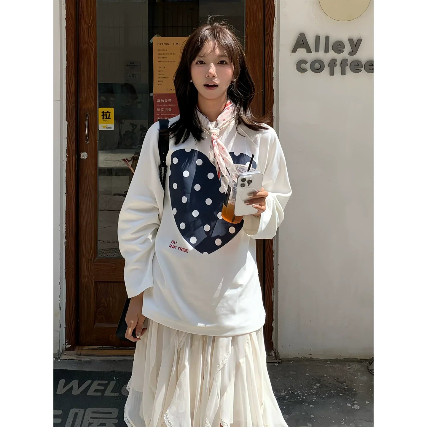 Korean White Heart Dot Long Sleeve Tee