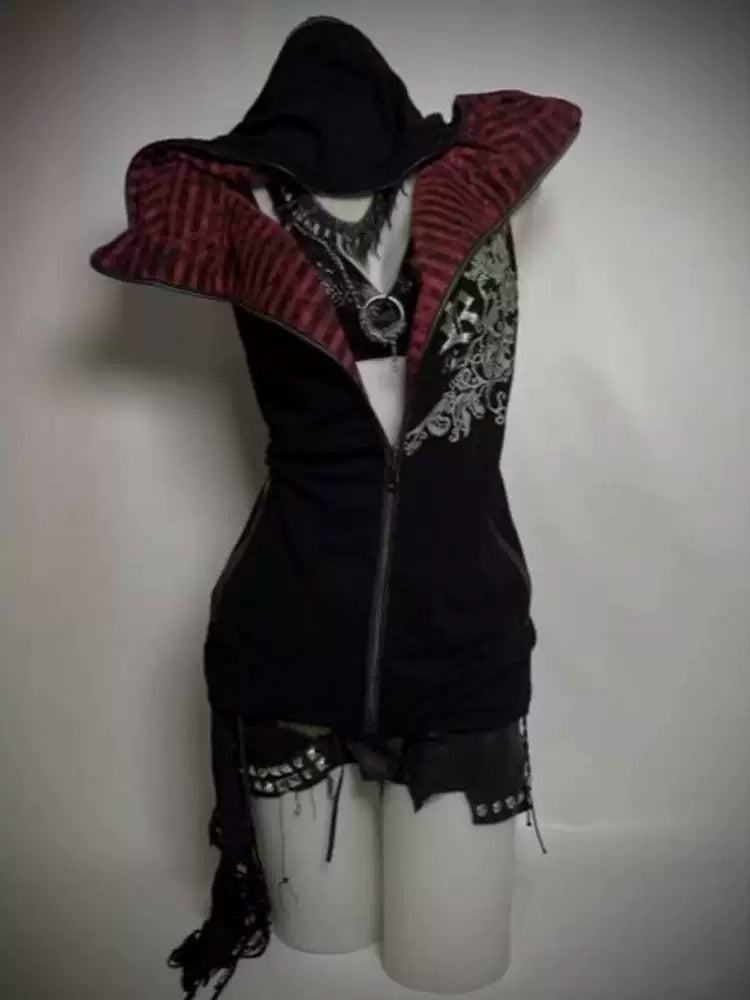 Black Subculture Punk Y2K Abi E-girl American Black & Red Striped Hooded Vest (Sleeveless) Top