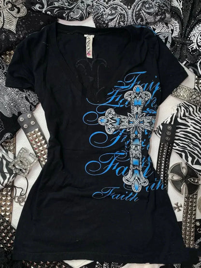 Blue Cross Print Subculture Rock Punk Y2K Abi American Retro V-neck Short Sleeve Top