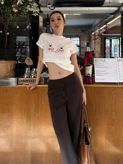 White Dog Applique Short Sleeve Top Slim Fit Tee